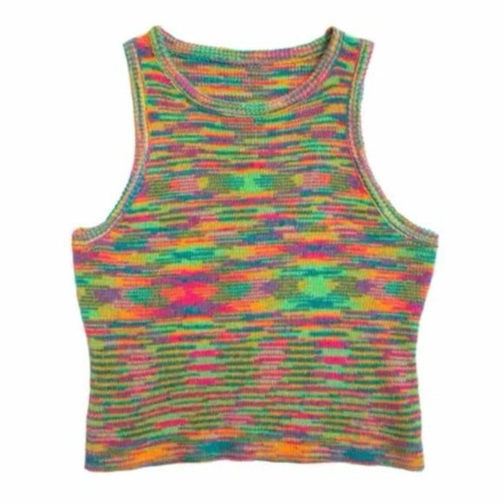 Y2K Aesthetic Multi-Color Ribbed Knit Crew Neck Cropped Tank Top Sweater S